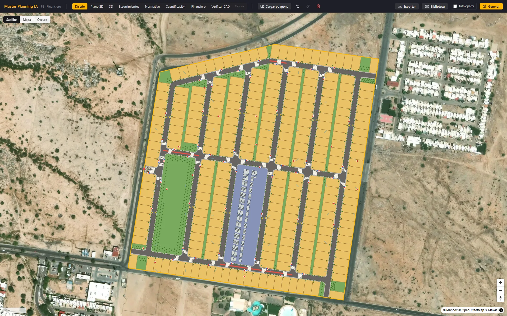 Captura de la plataforma: condominio de 272 lotes trazado sobre la imagen satelital de un predio de 22.6 hectáreas en Hermosillo, con calles, parques y equipamiento