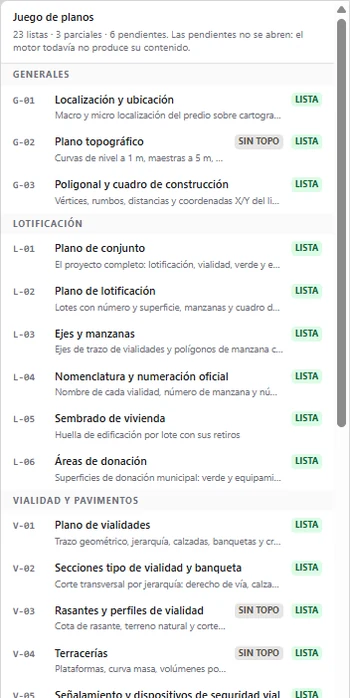 Índice del juego de planos de la plataforma: láminas generales, de lotificación y de vialidad, cada una con su estado