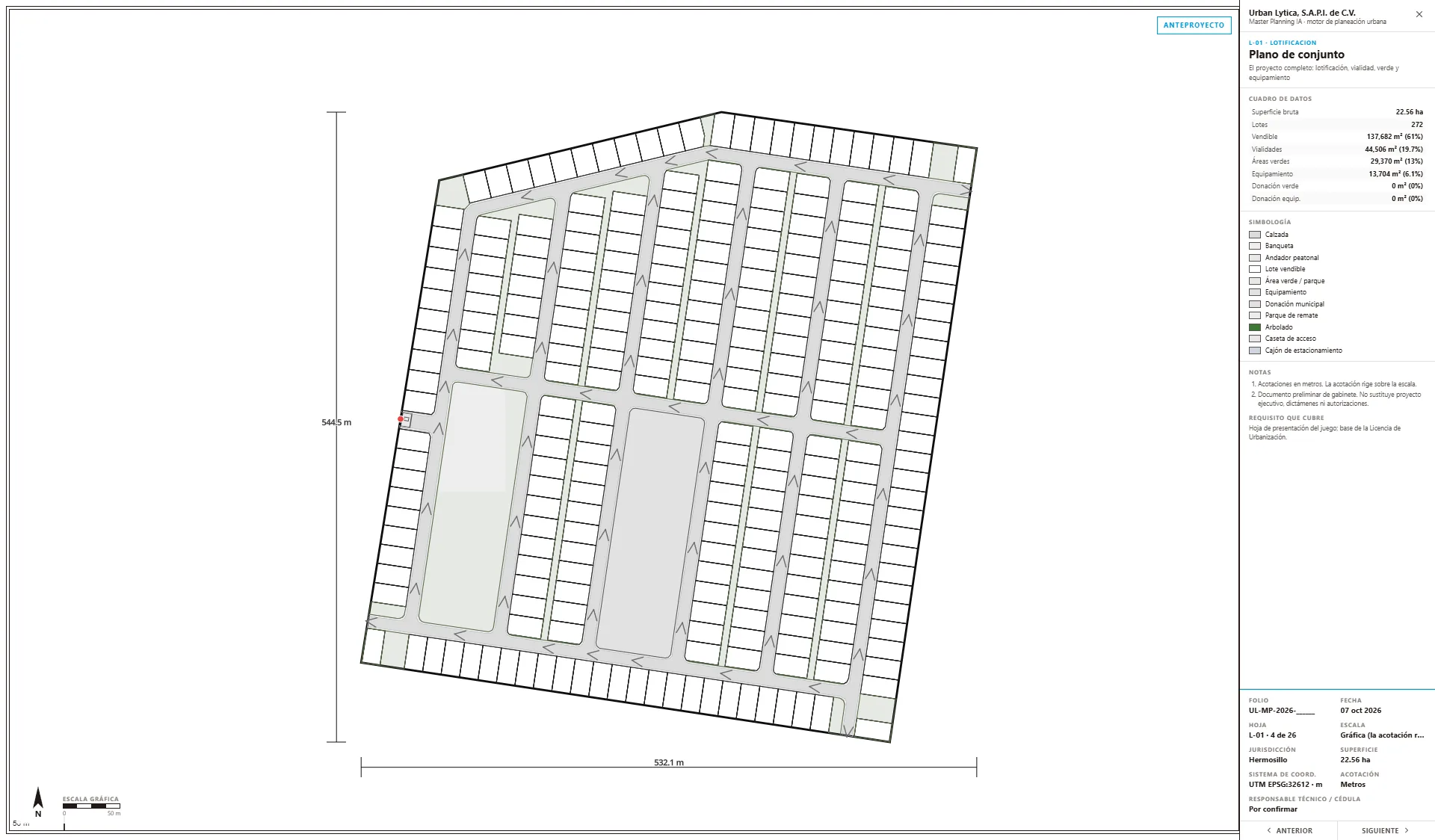 Hoja L-01, plano de conjunto, generada por la plataforma: lotificación en blanco y negro con cotas de 545 por 532 metros, norte, escala gráfica y cartucho con cuadro de datos de 272 lotes